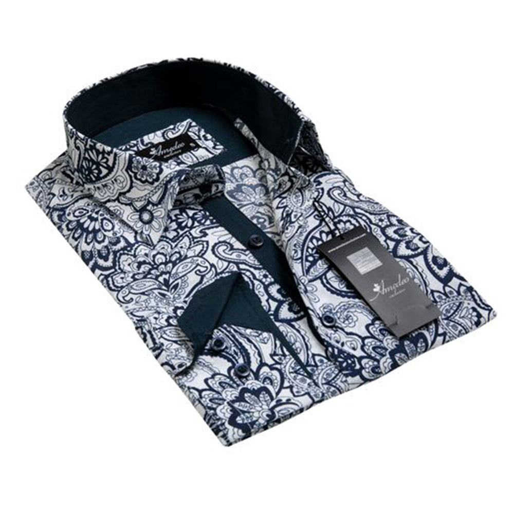 White Navy Blue Floral Mens Slim Fit Designer Dress Shirt - tailored Cotton Shirts for Work and - Amedeo Exclusive
