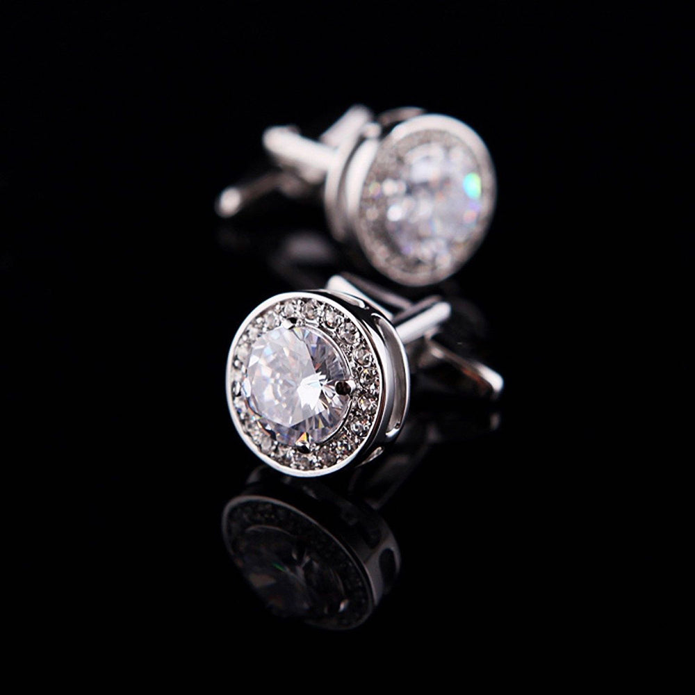 Mens Stainless Steel White Round Big Stone Cufflinks for Shirt with Box - Hand Crafted Perfect Gift - Amedeo Exclusive
