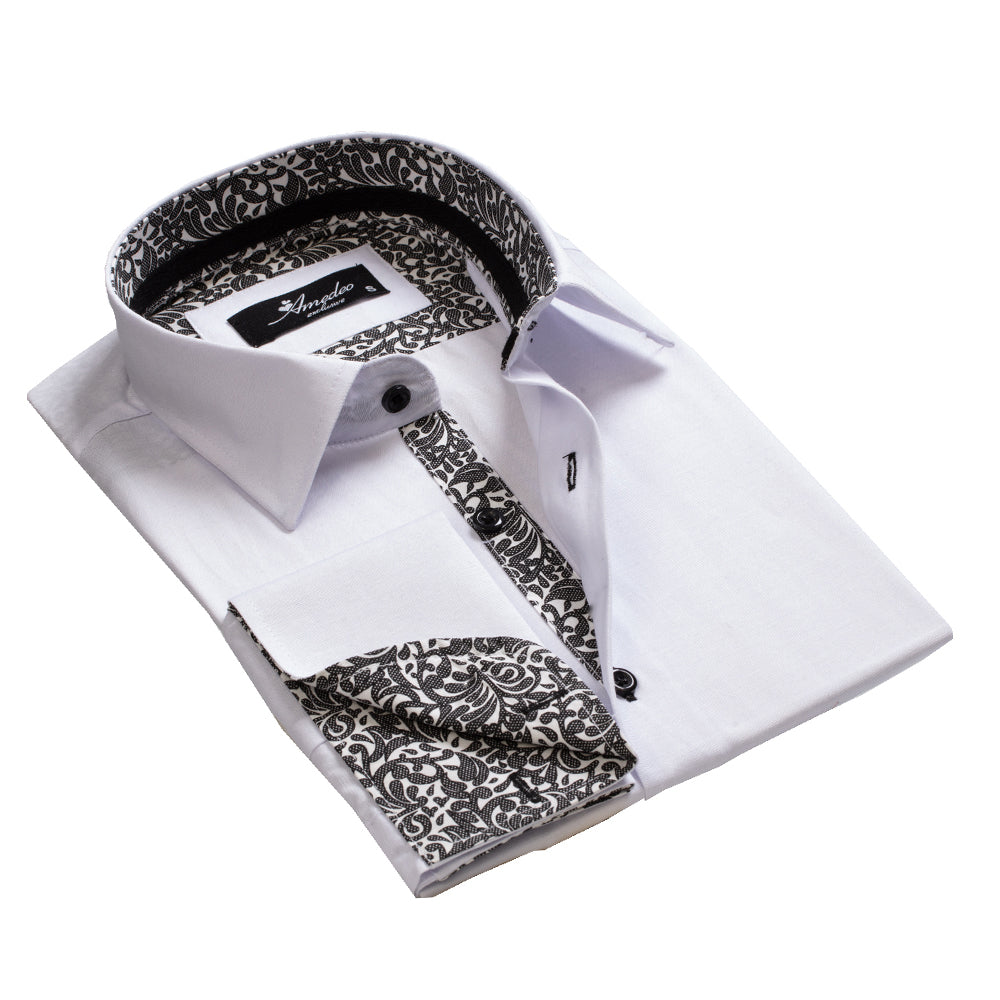 White with Black Paisley Mens Slim Fit French Cuff Dress Shirts with Cufflink Holes - Casual and Formal - Amedeo Exclusive