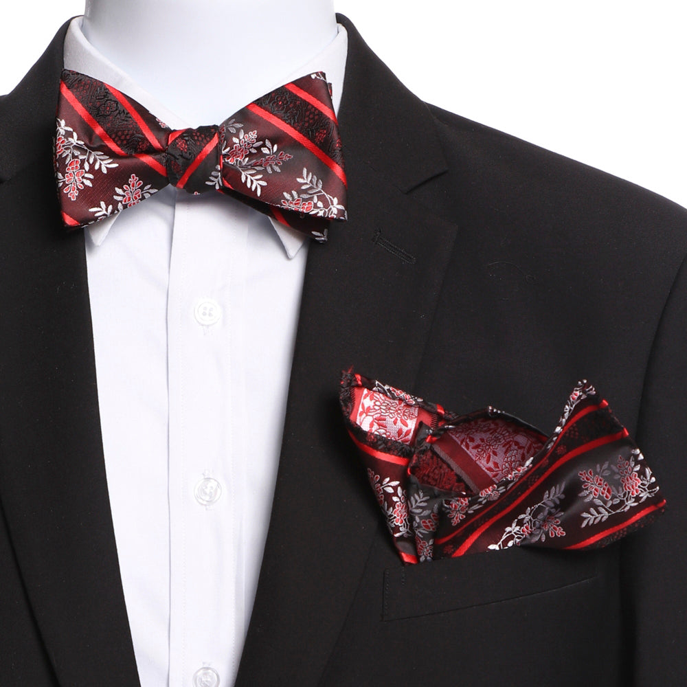 Men's Brown & Red Self Bow Tie with Handkerchief - Amedeo Exclusive